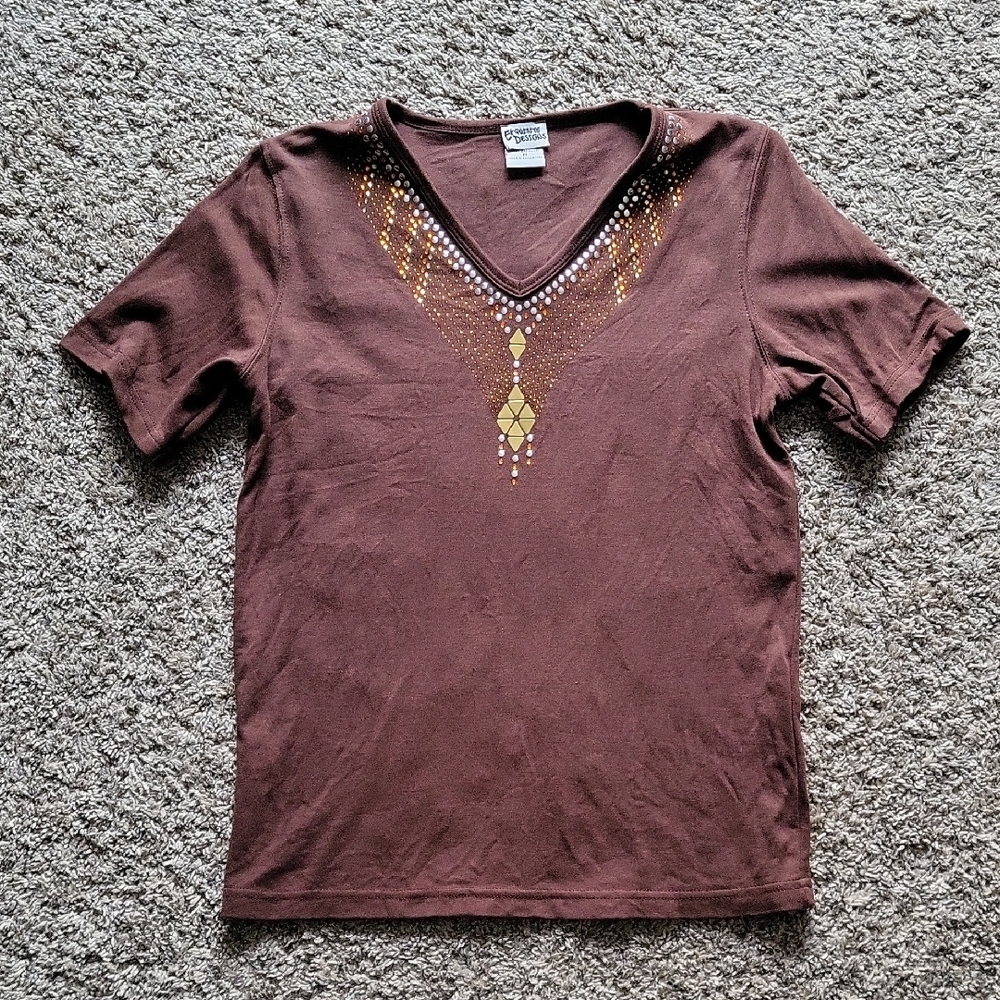 SALE--Brown V-Neck T-Shirt with Gold, Silver, And Orange Accents
